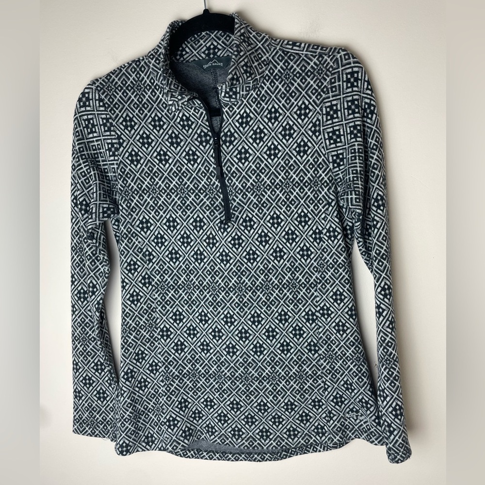 Eddie Bauer Women Medium Pullover 1/4 Zip Thin Fleece Gray Purple Print Pullover